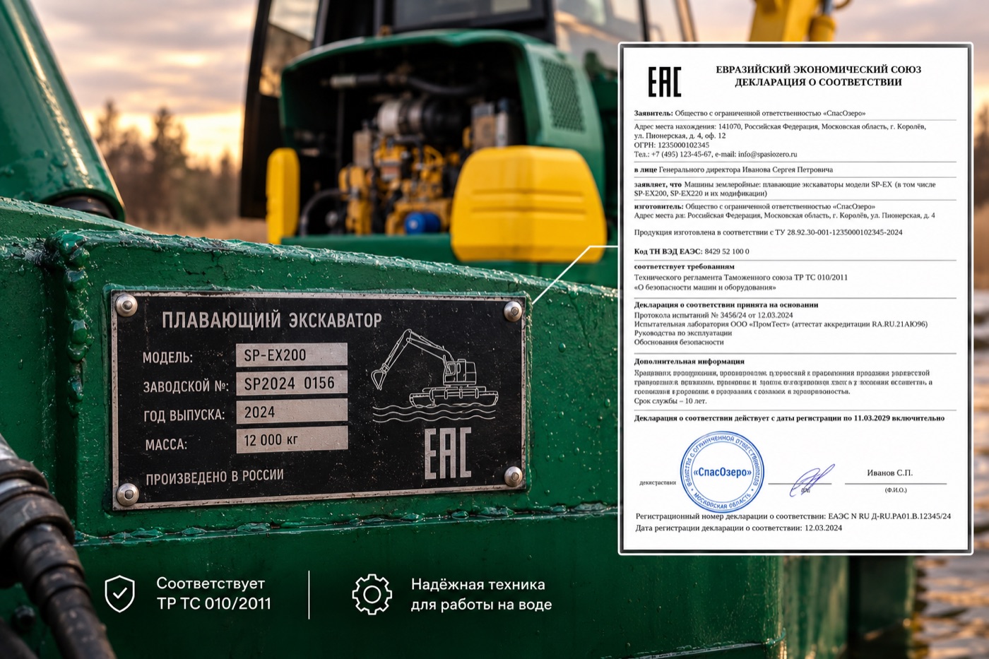 Шильдик плавучего экскаватора с заводским номером и значком EAC, рядом Декларация соответствия ТР ТС 010/2011